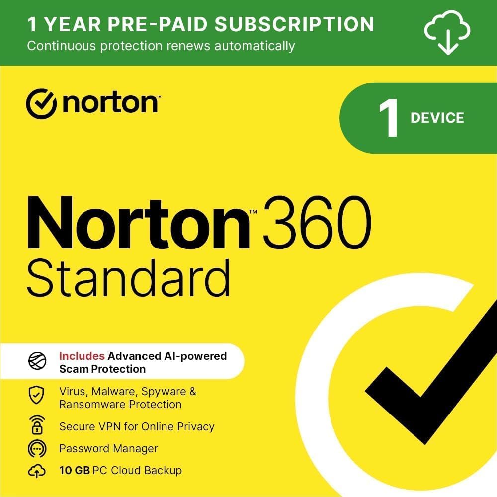 Norton 360 Standard 2025, Antivirus software for 1 Device and 1-year subscription with automatic renewal, Includes Secure VPN and Password Manager, PC/Mac/iOS/Android, Activation Code by Post NexGen Tech Uk
