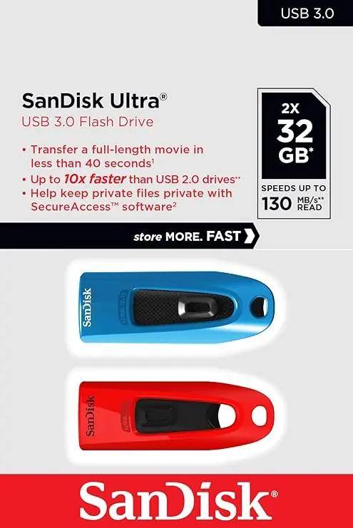 Pair SanDisk Ultra 32 GB USB Flash Drive USB 3.0 Up to 130 MB/s Read - Twin Pack, Red/Blue NexGen Tech Uk