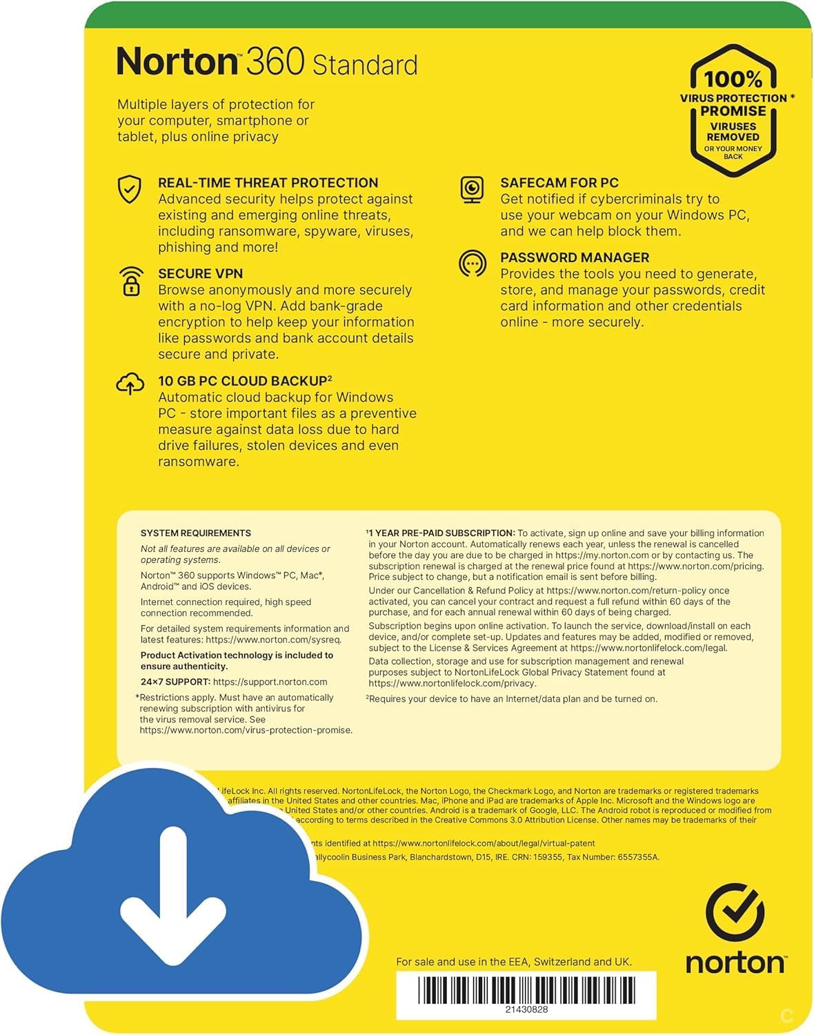 Norton 360 Standard 2025, Antivirus software for 1 Device and 1-year subscription with automatic renewal, Includes Secure VPN and Password Manager, PC/Mac/iOS/Android, Activation Code by Post NexGen Tech Uk