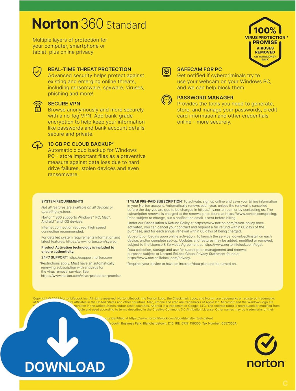 Norton 360 Standard 2025, Antivirus software for 1 Device and 1-year subscription with automatic renewal, Includes Secure VPN and Password Manager, PC/Mac/iOS/Android, Activation Code by Post NexGen Tech Uk
